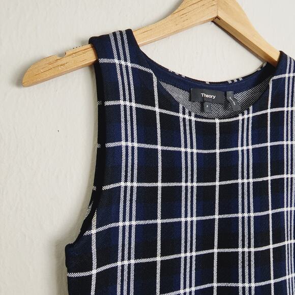Theory Kalora Peplum Top Knit Plaid Sleeveless Blue Black P/00 Office Wear - Picture 6 of 10